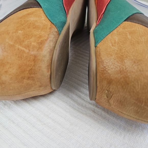 Lucky Brand Petra Patchwork Flats Sz 10 Tan Aqua Coral Brown Leather Pointed Toe - Picture 4 of 9